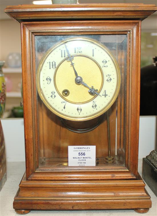 An early 20th century French walnut four glass mantel clock, 11.75in.